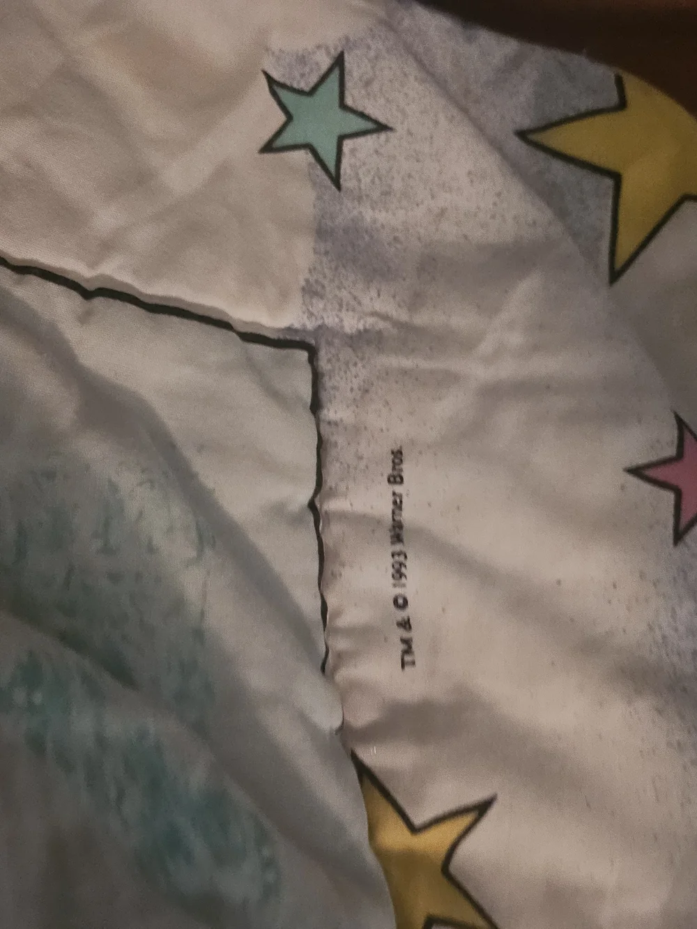 The item in the image is a vintage 1993 Baby Looney Tunes quilted crib blanket